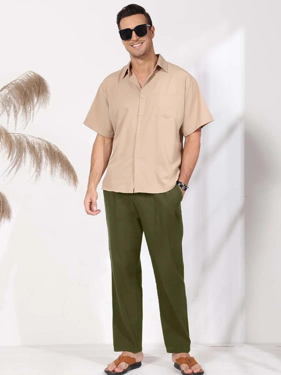 MorwenVeo Men's Linen Pants Casual Drawstring Yoga Beach Trousers Lightweight Loose Fit Elastic Waist Summer Pant