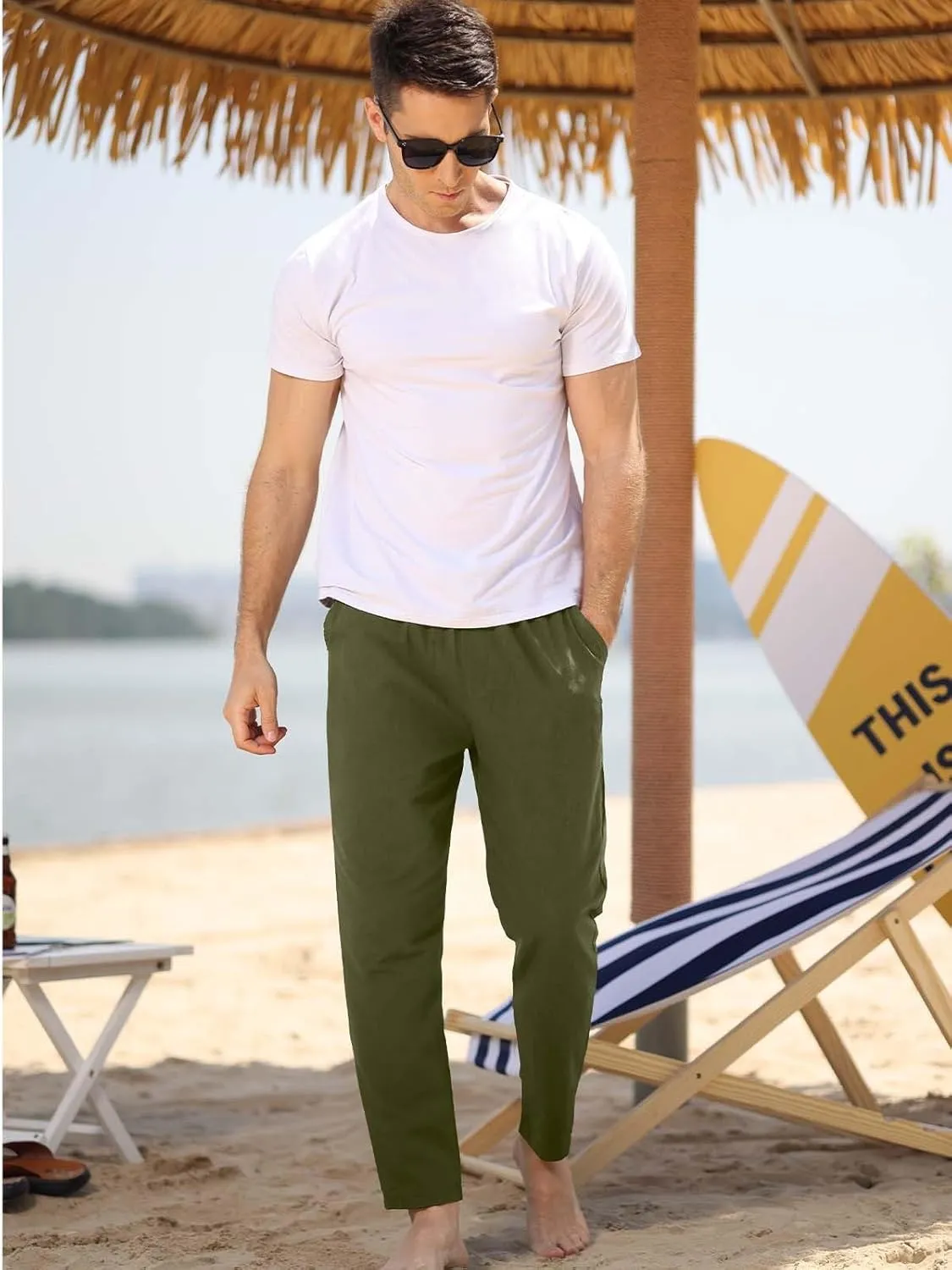 MorwenVeo Men's Linen Pants Casual Drawstring Yoga Beach Trousers Lightweight Loose Fit Elastic Waist Summer Pant