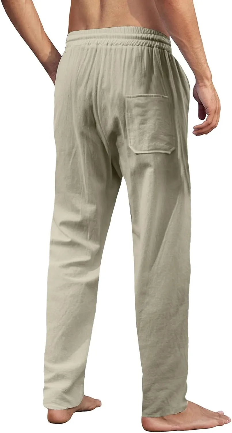 MorwenVeo Men's Linen Pants Casual Drawstring Yoga Beach Trousers Lightweight Loose Fit Elastic Waist Summer Pant