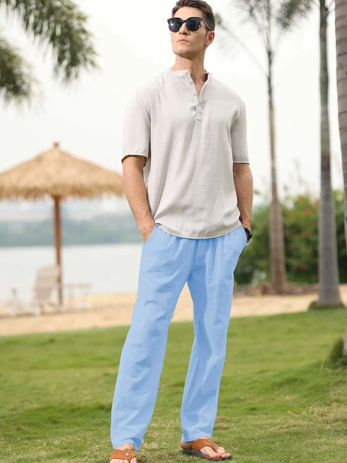 MorwenVeo Men's Linen Pants Casual Drawstring Yoga Beach Trousers Lightweight Loose Fit Elastic Waist Summer Pant