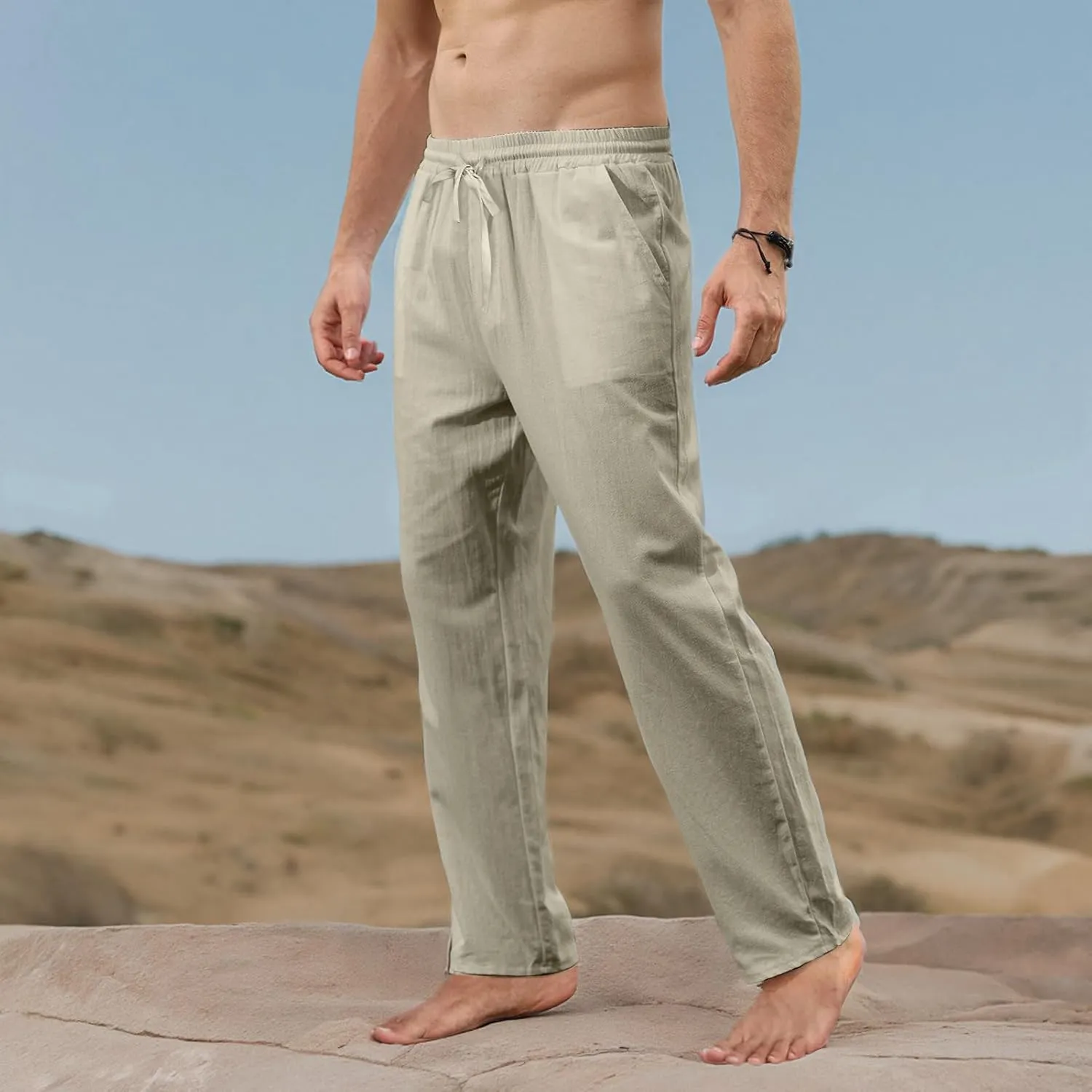 MorwenVeo Men's Linen Pants Casual Drawstring Yoga Beach Trousers Lightweight Loose Fit Elastic Waist Summer Pant