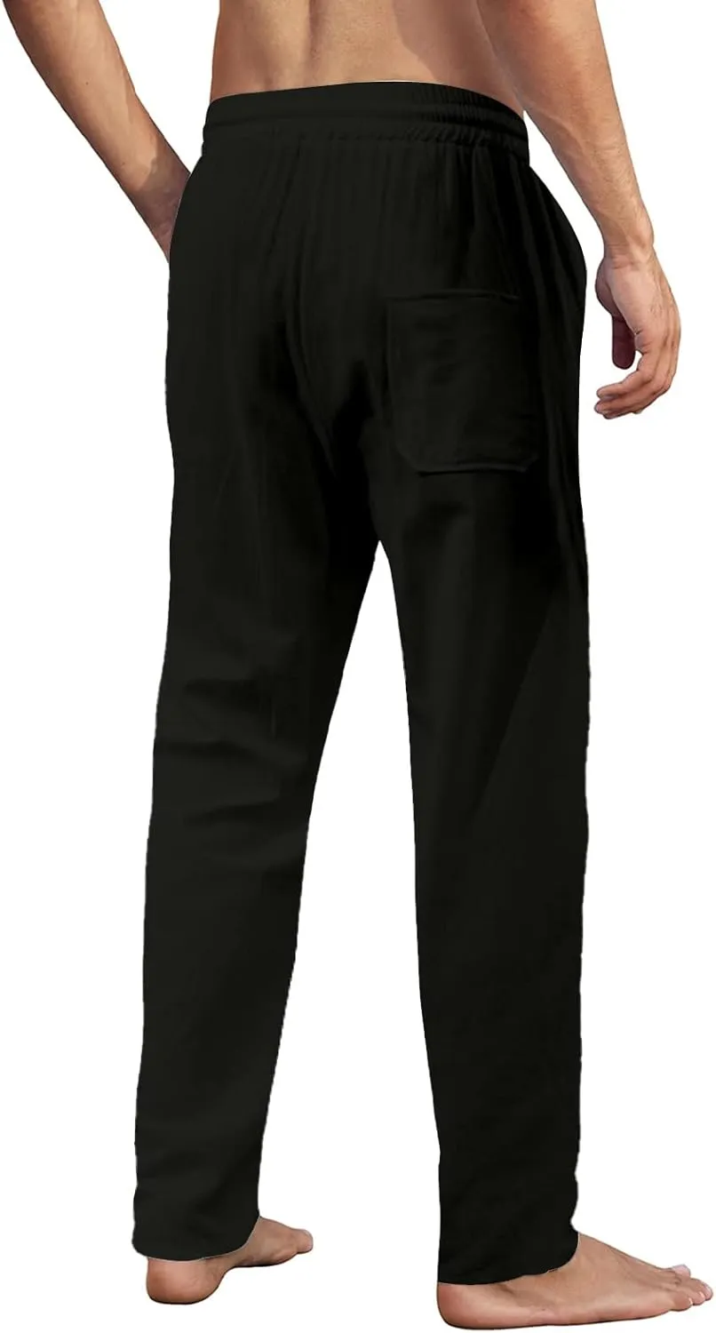 MorwenVeo Men's Linen Pants Casual Drawstring Yoga Beach Trousers Lightweight Loose Fit Elastic Waist Summer Pant