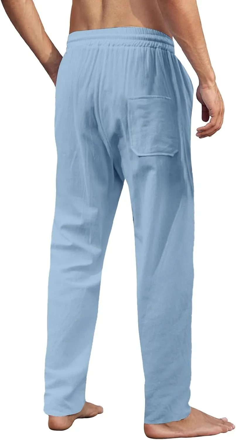 MorwenVeo Men's Linen Pants Casual Drawstring Yoga Beach Trousers Lightweight Loose Fit Elastic Waist Summer Pant