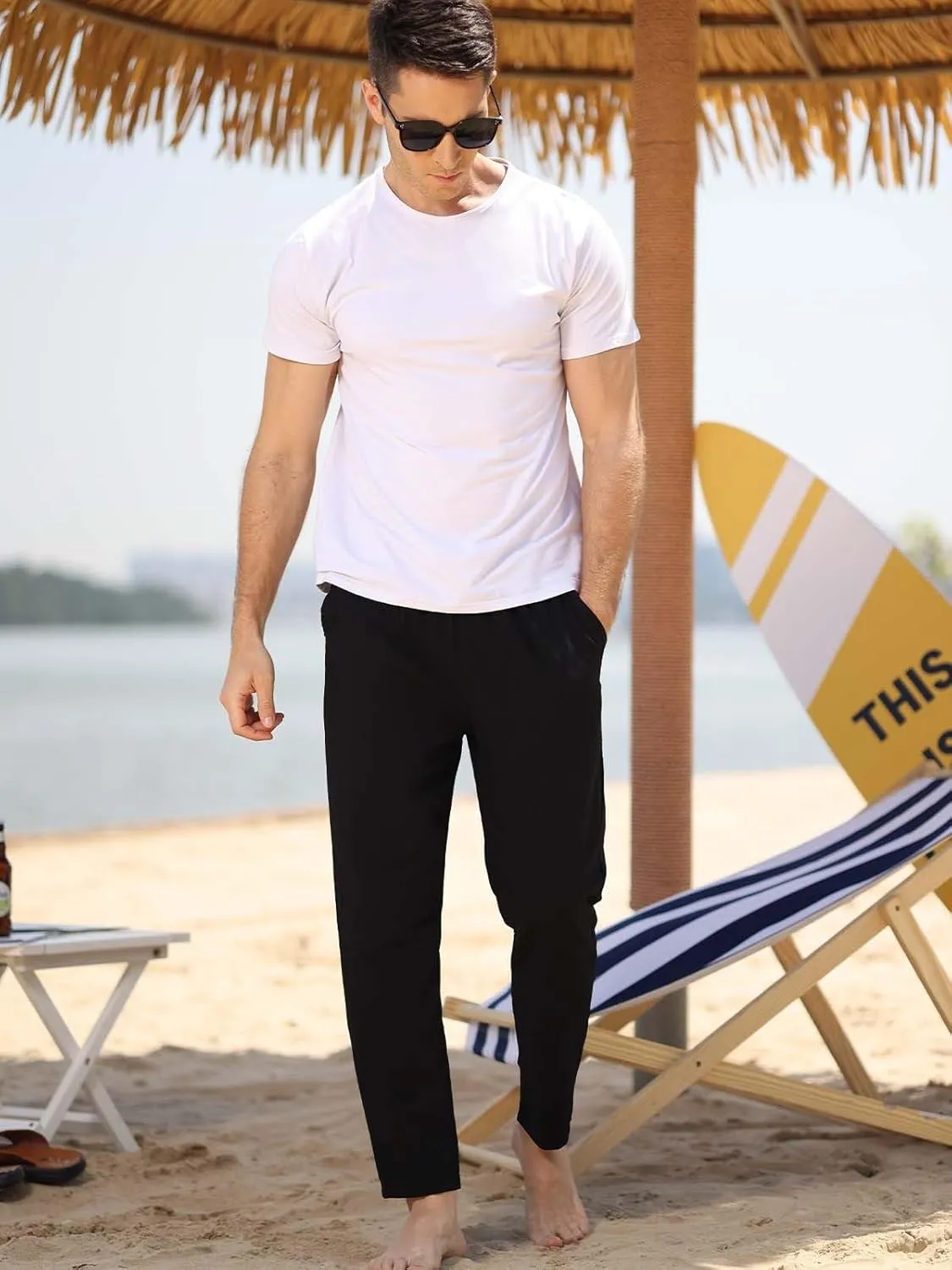 MorwenVeo Men's Linen Pants Casual Drawstring Yoga Beach Trousers Lightweight Loose Fit Elastic Waist Summer Pant