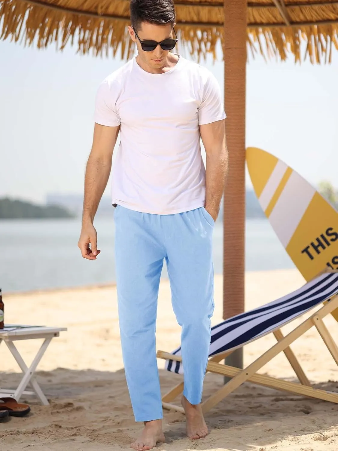 MorwenVeo Men's Linen Pants Casual Drawstring Yoga Beach Trousers Lightweight Loose Fit Elastic Waist Summer Pant