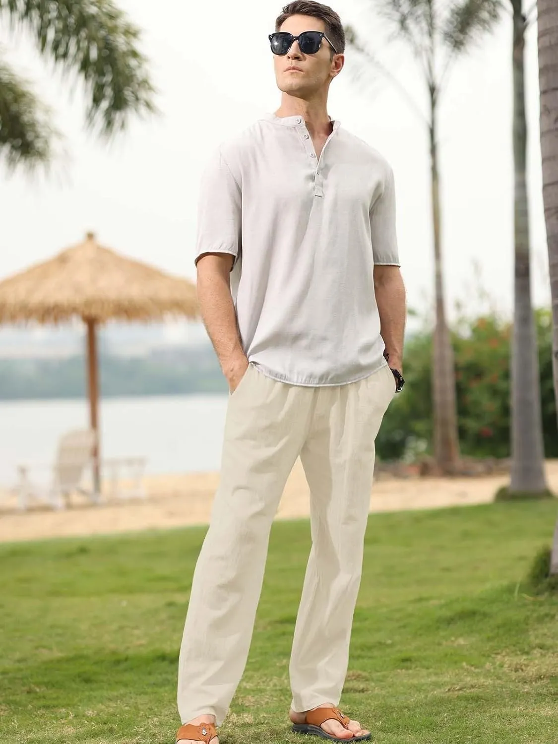 MorwenVeo Men's Linen Pants Casual Drawstring Yoga Beach Trousers Lightweight Loose Fit Elastic Waist Summer Pant