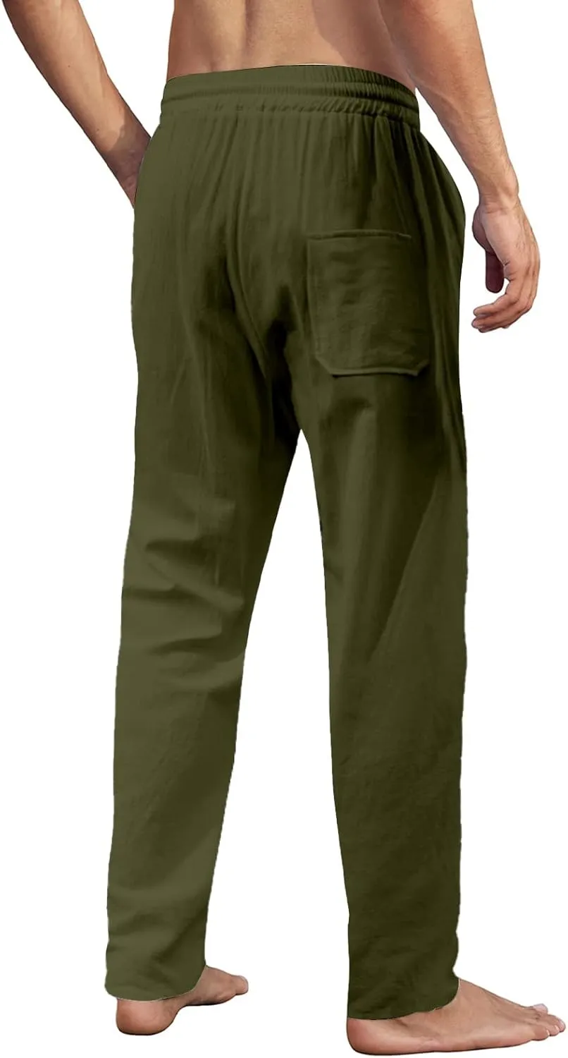 MorwenVeo Men's Linen Pants Casual Drawstring Yoga Beach Trousers Lightweight Loose Fit Elastic Waist Summer Pant