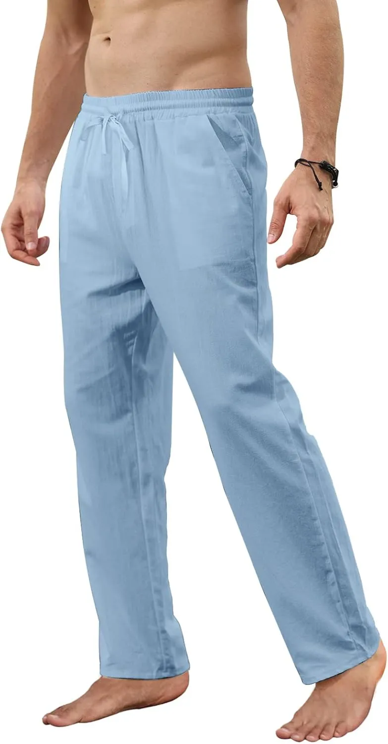 MorwenVeo Men's Linen Pants Casual Drawstring Yoga Beach Trousers Lightweight Loose Fit Elastic Waist Summer Pant