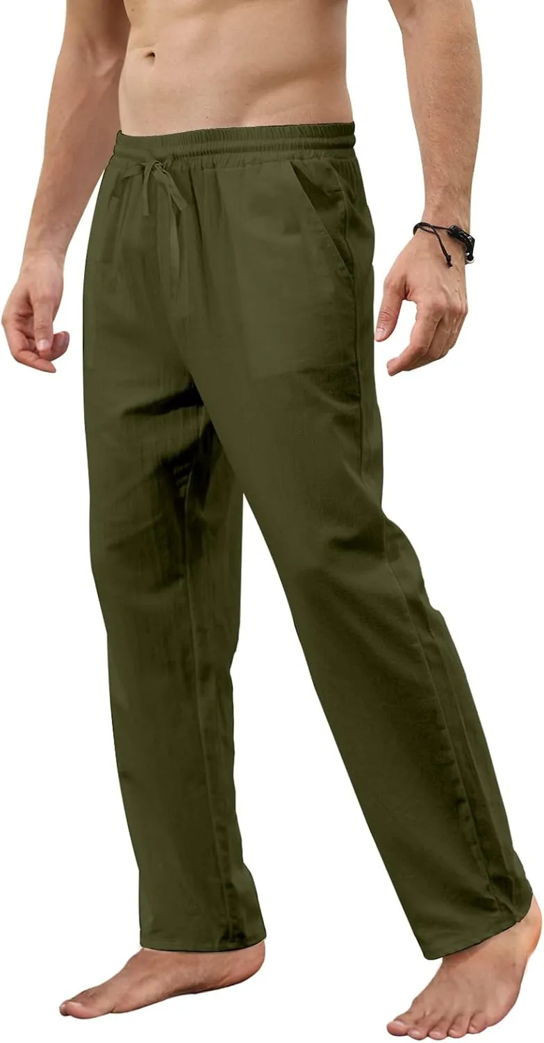 MorwenVeo Men's Linen Pants Casual Drawstring Yoga Beach Trousers Lightweight Loose Fit Elastic Waist Summer Pant