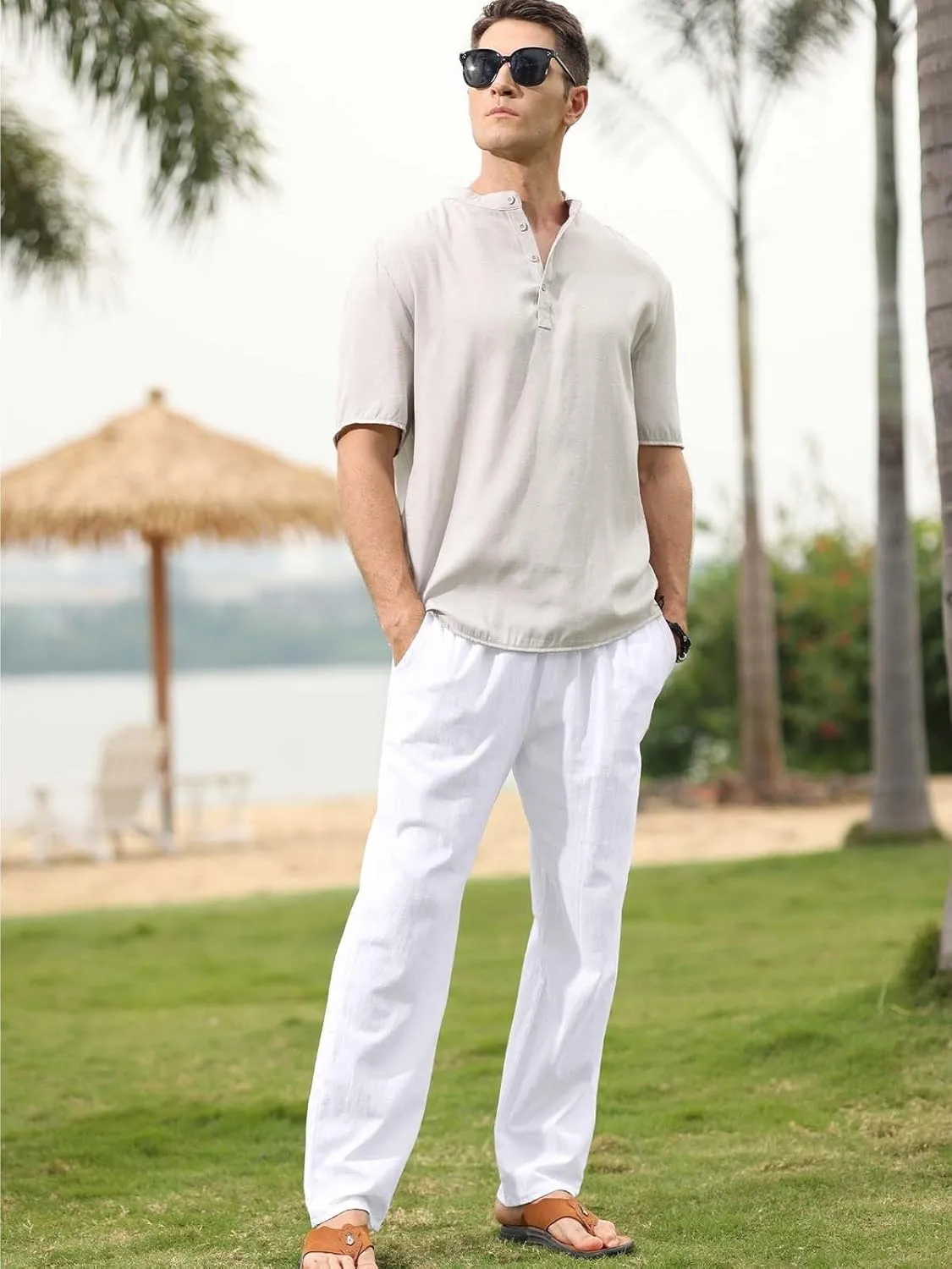 MorwenVeo Men's Linen Pants Casual Drawstring Yoga Beach Trousers Lightweight Loose Fit Elastic Waist Summer Pant