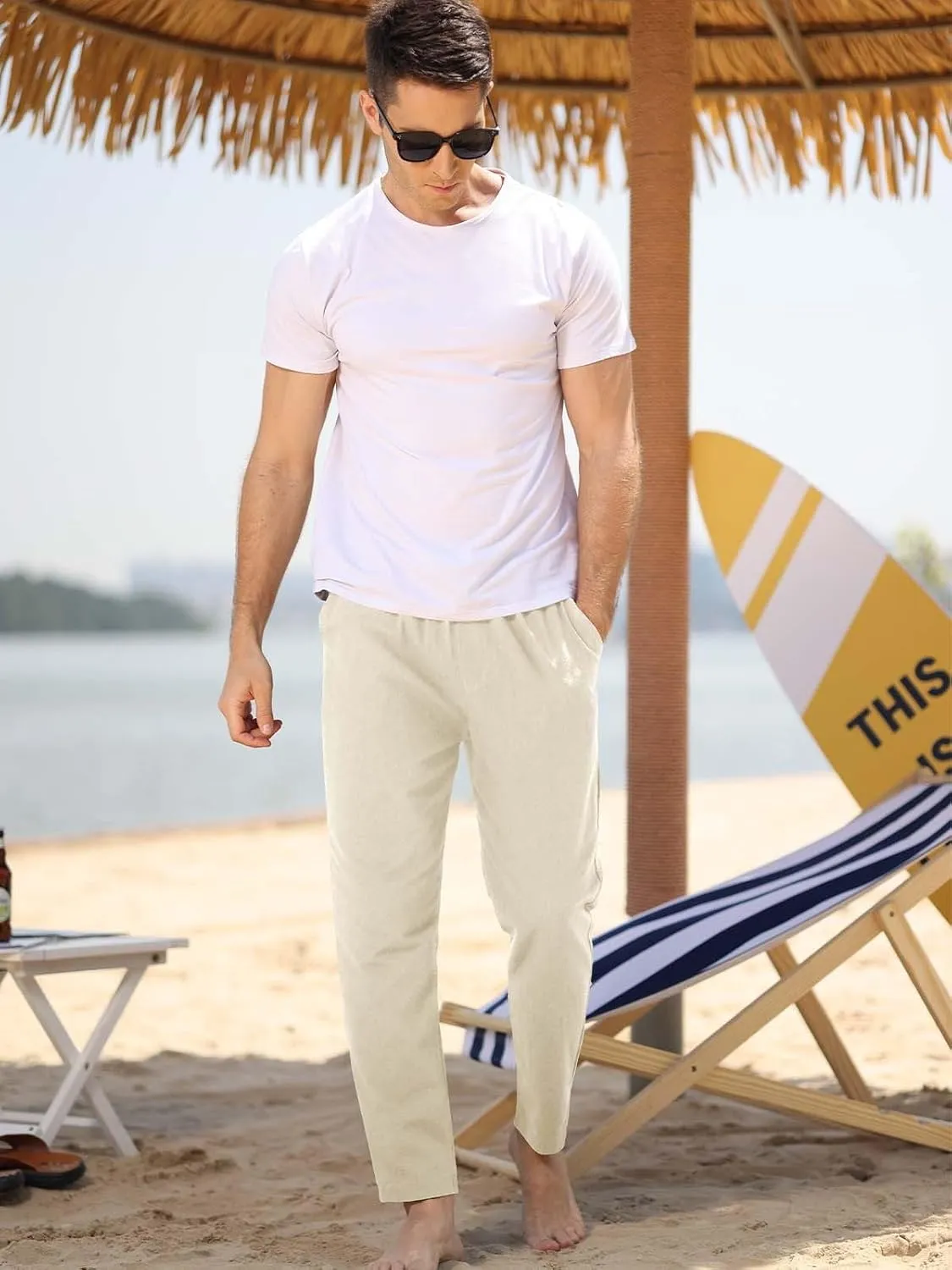 MorwenVeo Men's Linen Pants Casual Drawstring Yoga Beach Trousers Lightweight Loose Fit Elastic Waist Summer Pant