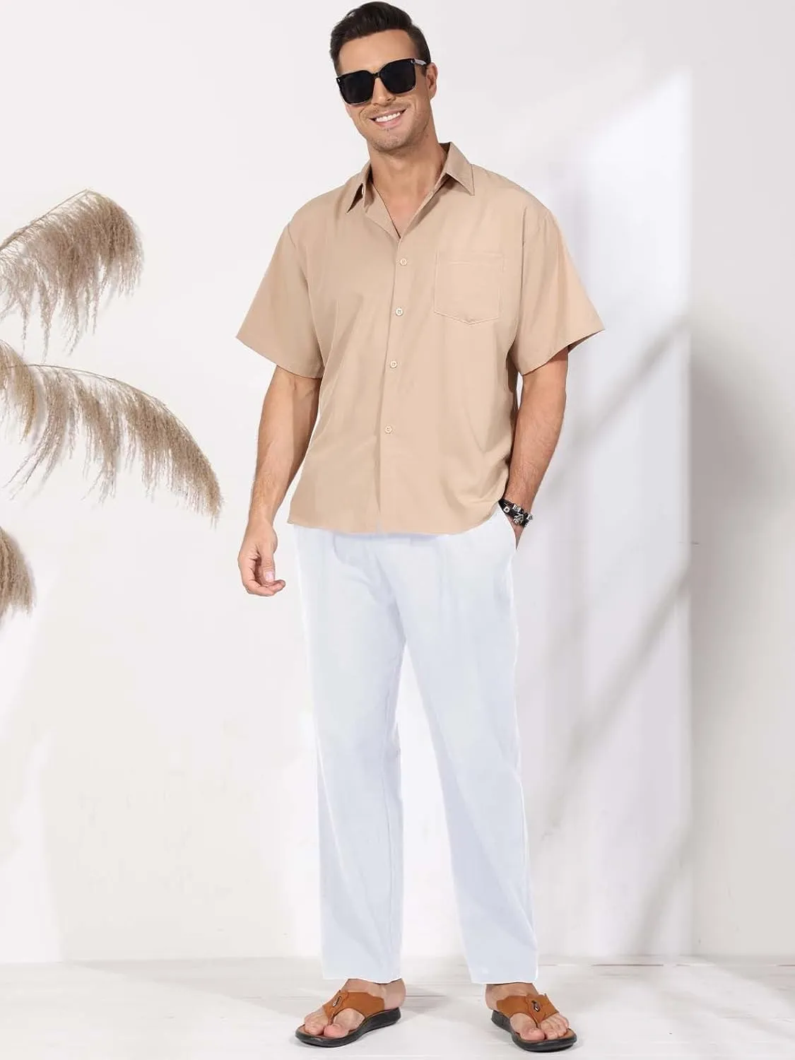 MorwenVeo Men's Linen Pants Casual Drawstring Yoga Beach Trousers Lightweight Loose Fit Elastic Waist Summer Pant