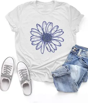 MZEAZRK Womens Summer Graphic Tee Shirts Cottage-Core Cute Boho Short Sleeve Tshirt Teen Girls