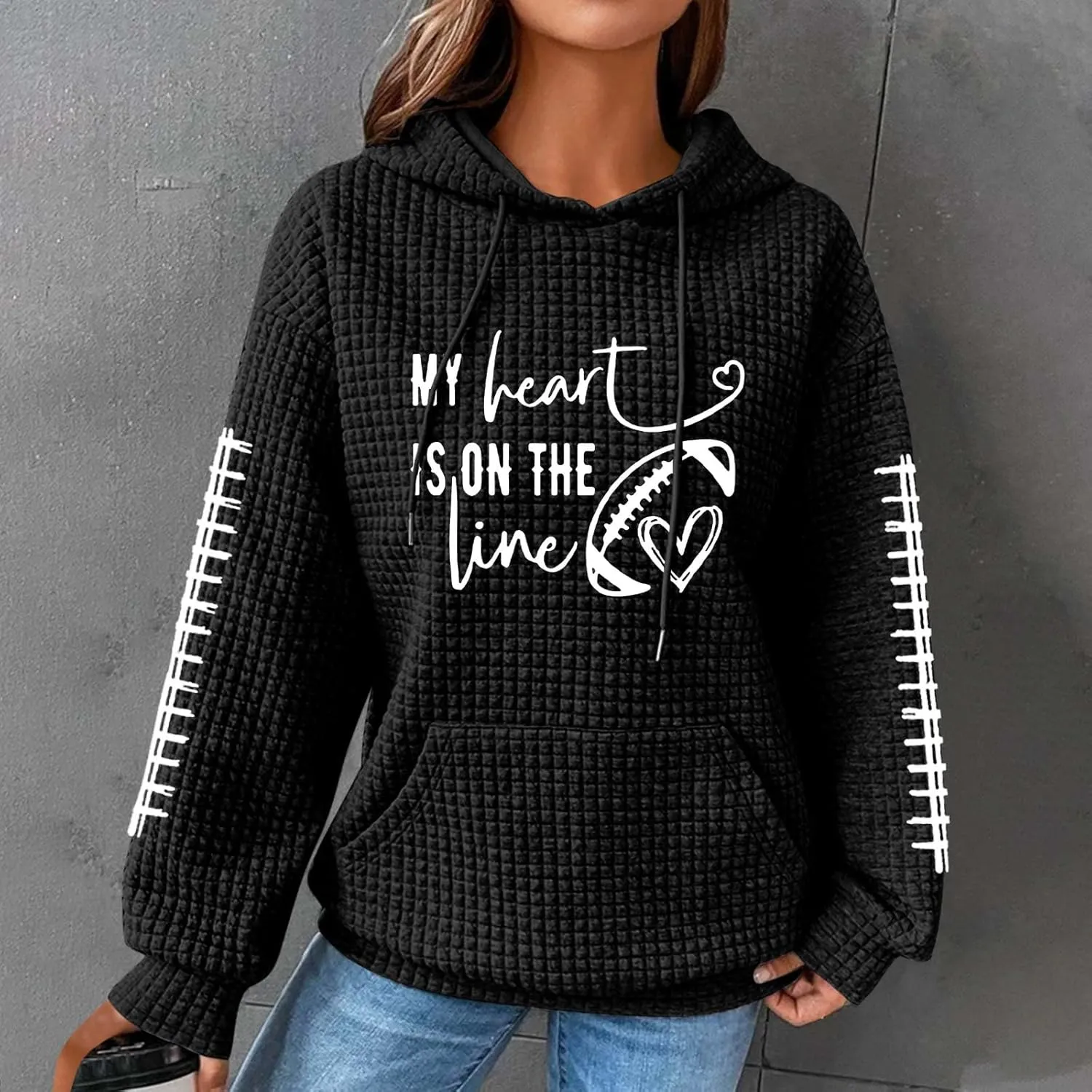 Mzkdieey My Heart Is On The Line Sweatshirt Women Football Game Day Waffle Knit Sweatshirt Long Sleeve Pullover with Pocket