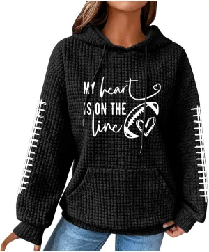 Mzkdieey My Heart Is On The Line Sweatshirt Women Football Game Day Waffle Knit Sweatshirt Long Sleeve Pullover with Pocket