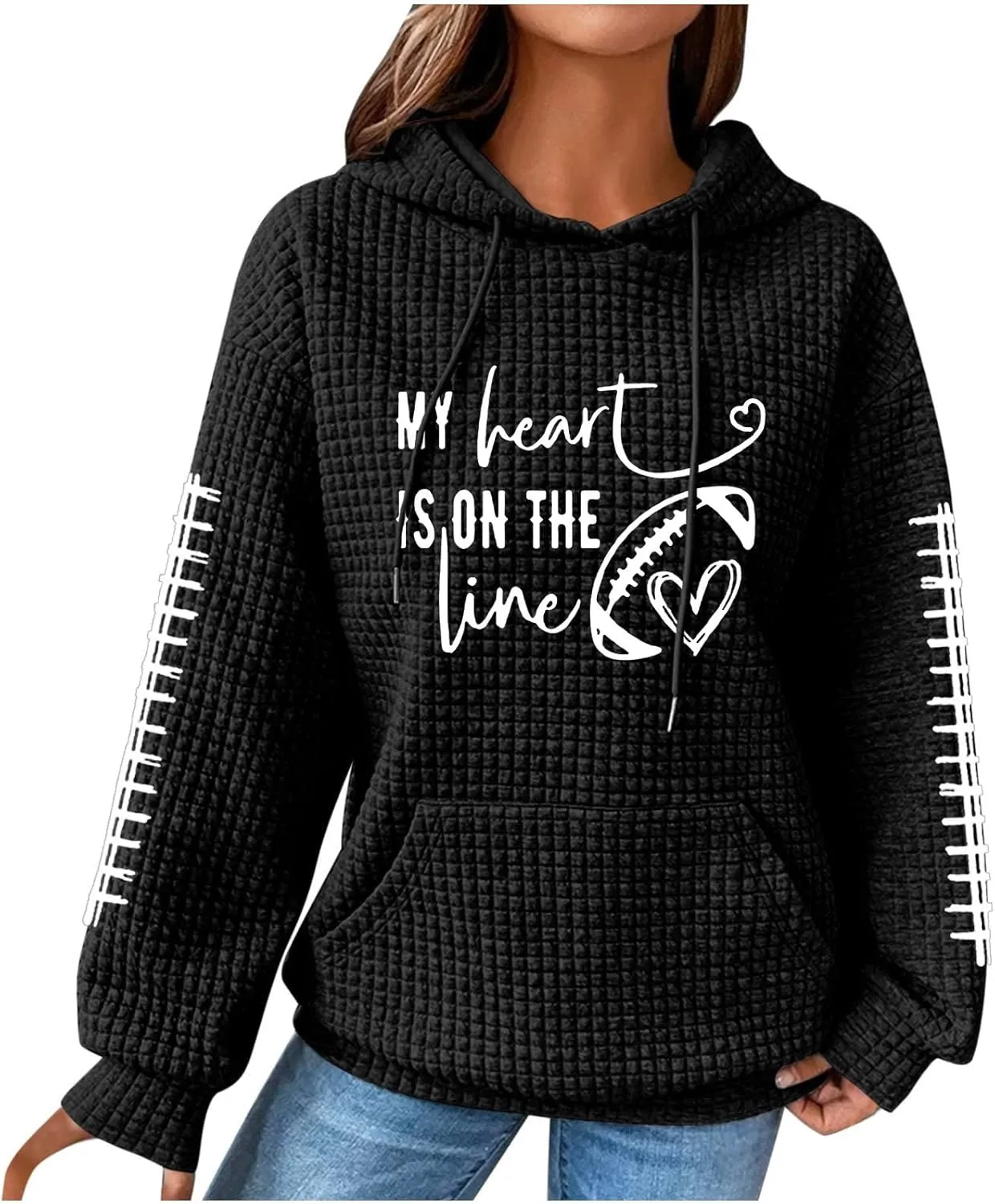 Mzkdieey My Heart Is On The Line Sweatshirt Women Football Game Day Waffle Knit Sweatshirt Long Sleeve Pullover with Pocket