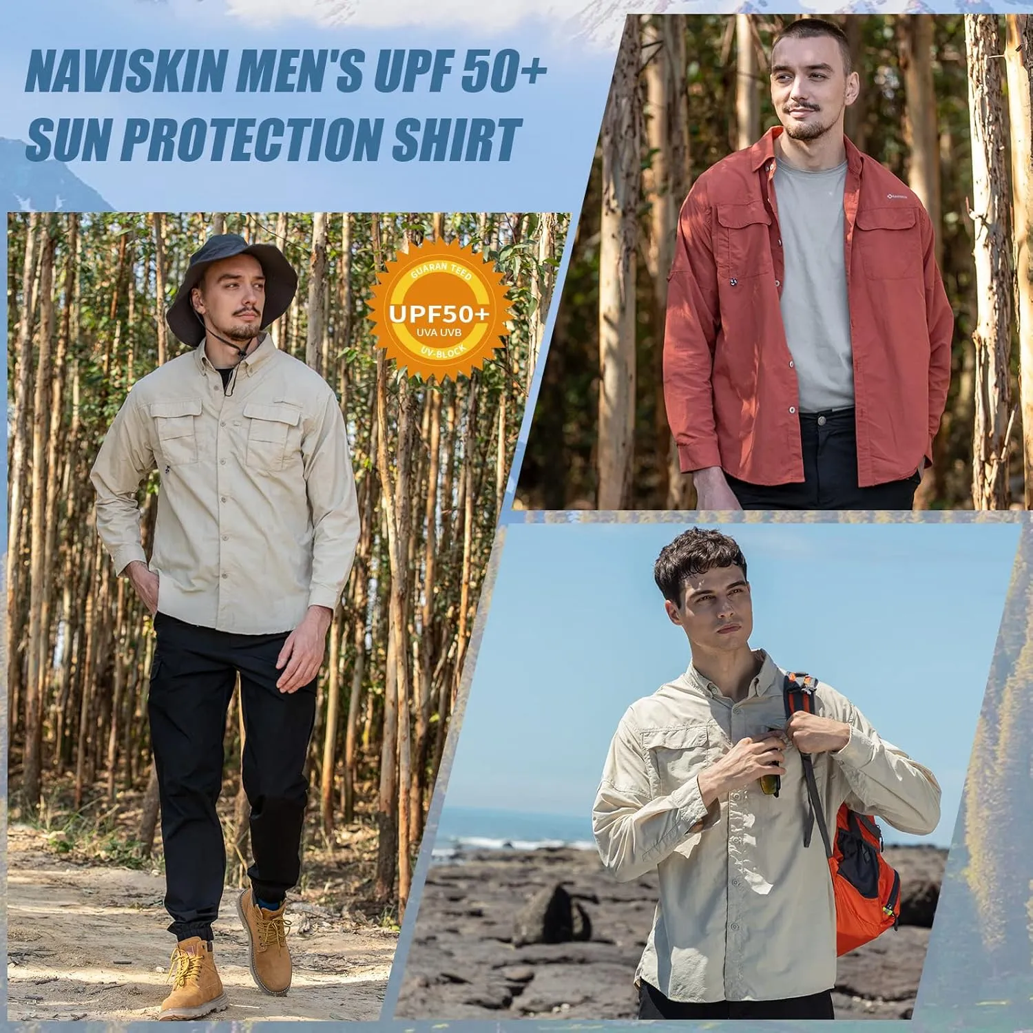 NAVISKIN Men's Sun Protection Fishing Shirts UPF 50  Long Sleeve Sun Shirts for Men PFG Hiking Travel Camping
