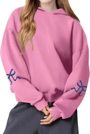 NBXNZWF Womens Bow Graphic Hoodies Oversized Long Sleeve Hooded Sweatshirts Drop Shoulder Cute Y2k Teen Girls Pullover Top