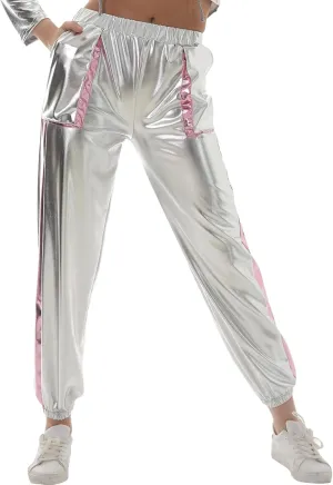 ODASDO Women Shiny Metallic Jogger Pants Wet Look Stretchy Holographic Trousers Casual High Waist Sweatpant Disco Rave Pants