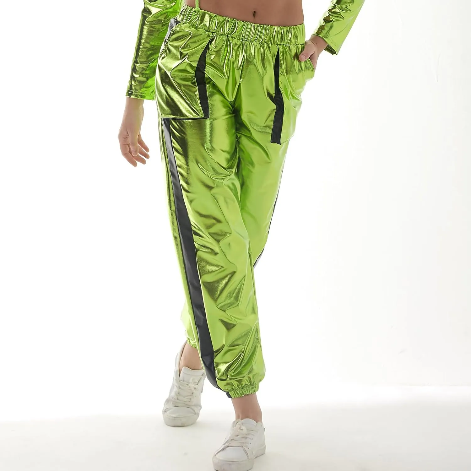 ODASDO Women Shiny Metallic Jogger Pants Wet Look Stretchy Holographic Trousers Casual High Waist Sweatpant Disco Rave Pants