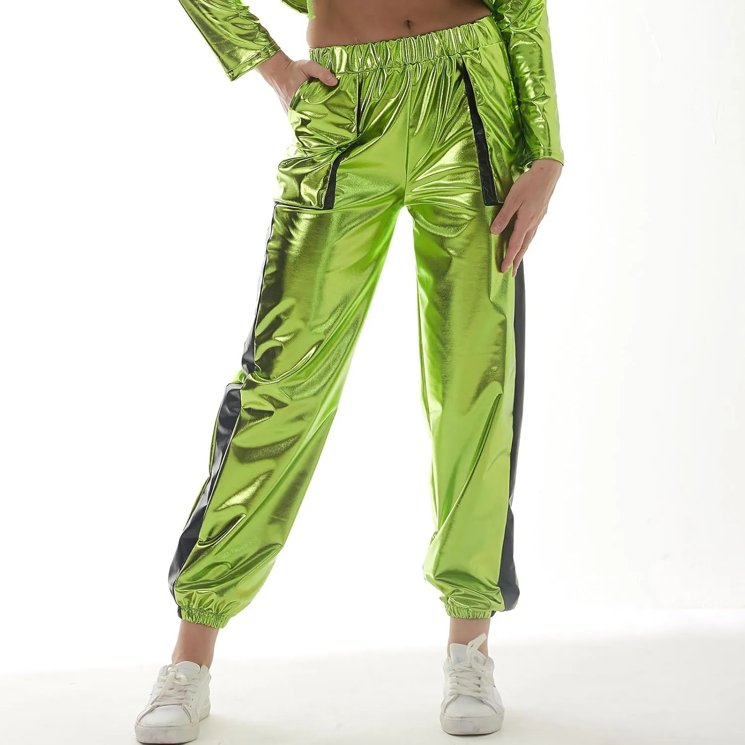 ODASDO Women Shiny Metallic Jogger Pants Wet Look Stretchy Holographic Trousers Casual High Waist Sweatpant Disco Rave Pants