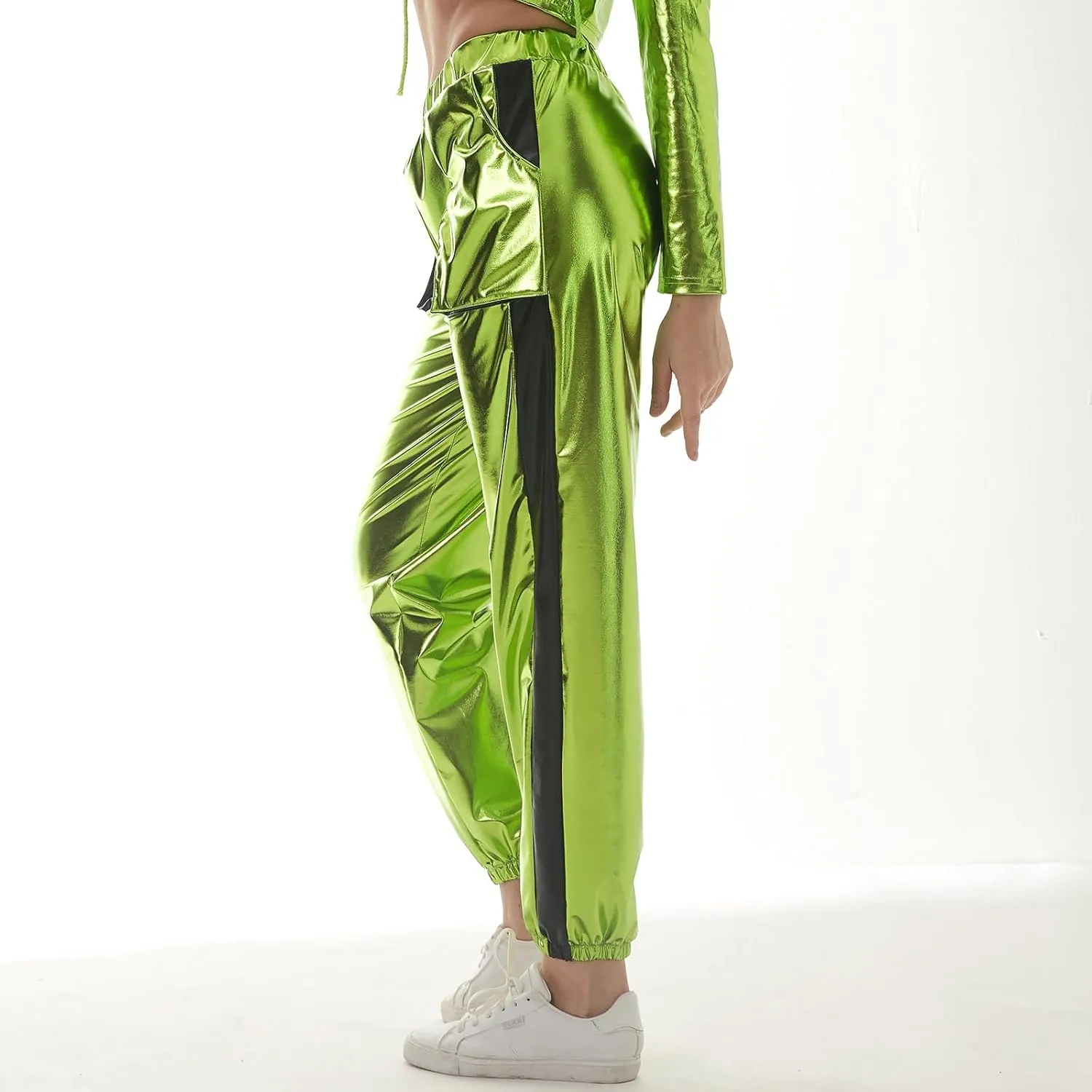 ODASDO Women Shiny Metallic Jogger Pants Wet Look Stretchy Holographic Trousers Casual High Waist Sweatpant Disco Rave Pants