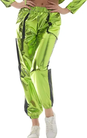 ODASDO Women Shiny Metallic Jogger Pants Wet Look Stretchy Holographic Trousers Casual High Waist Sweatpant Disco Rave Pants