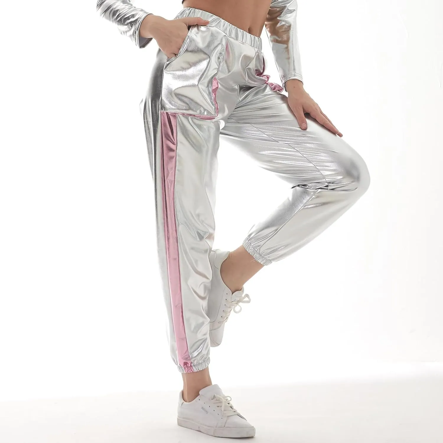 ODASDO Women Shiny Metallic Jogger Pants Wet Look Stretchy Holographic Trousers Casual High Waist Sweatpant Disco Rave Pants