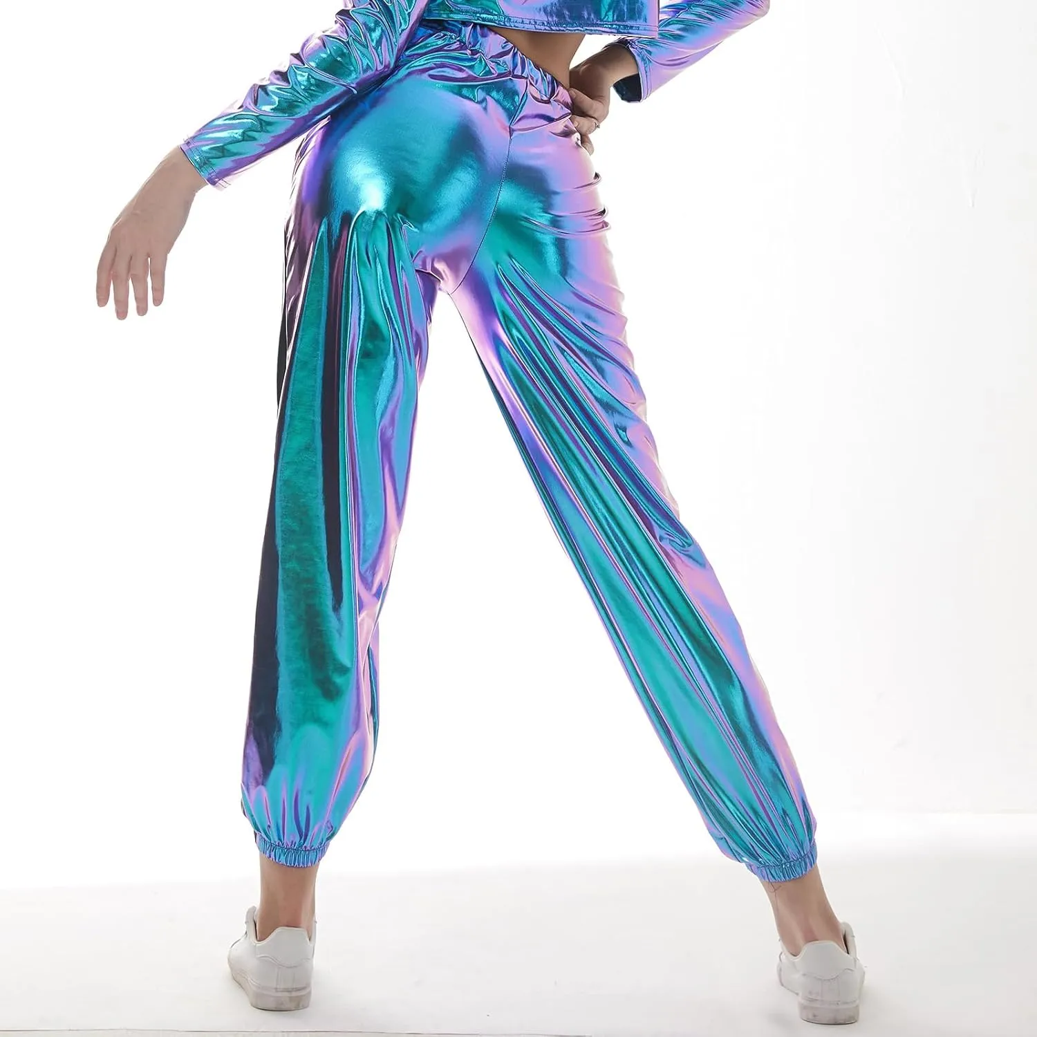ODASDO Women Shiny Metallic Jogger Pants Wet Look Stretchy Holographic Trousers Casual High Waist Sweatpant Disco Rave Pants