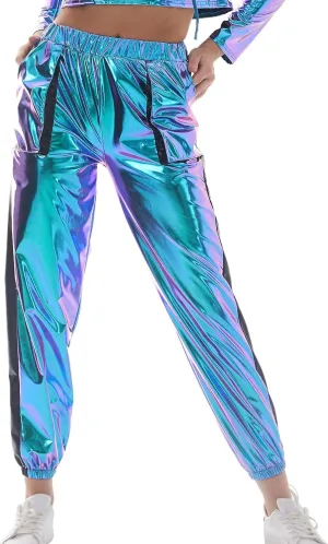 ODASDO Women Shiny Metallic Jogger Pants Wet Look Stretchy Holographic Trousers Casual High Waist Sweatpant Disco Rave Pants