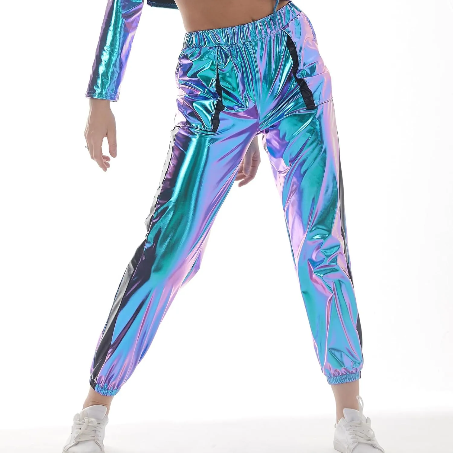 ODASDO Women Shiny Metallic Jogger Pants Wet Look Stretchy Holographic Trousers Casual High Waist Sweatpant Disco Rave Pants