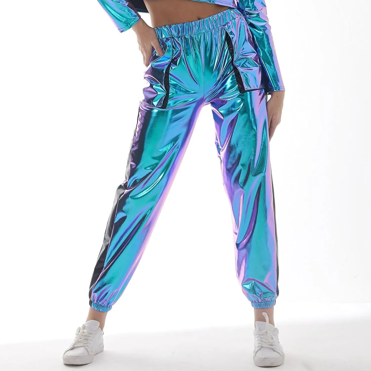ODASDO Women Shiny Metallic Jogger Pants Wet Look Stretchy Holographic Trousers Casual High Waist Sweatpant Disco Rave Pants