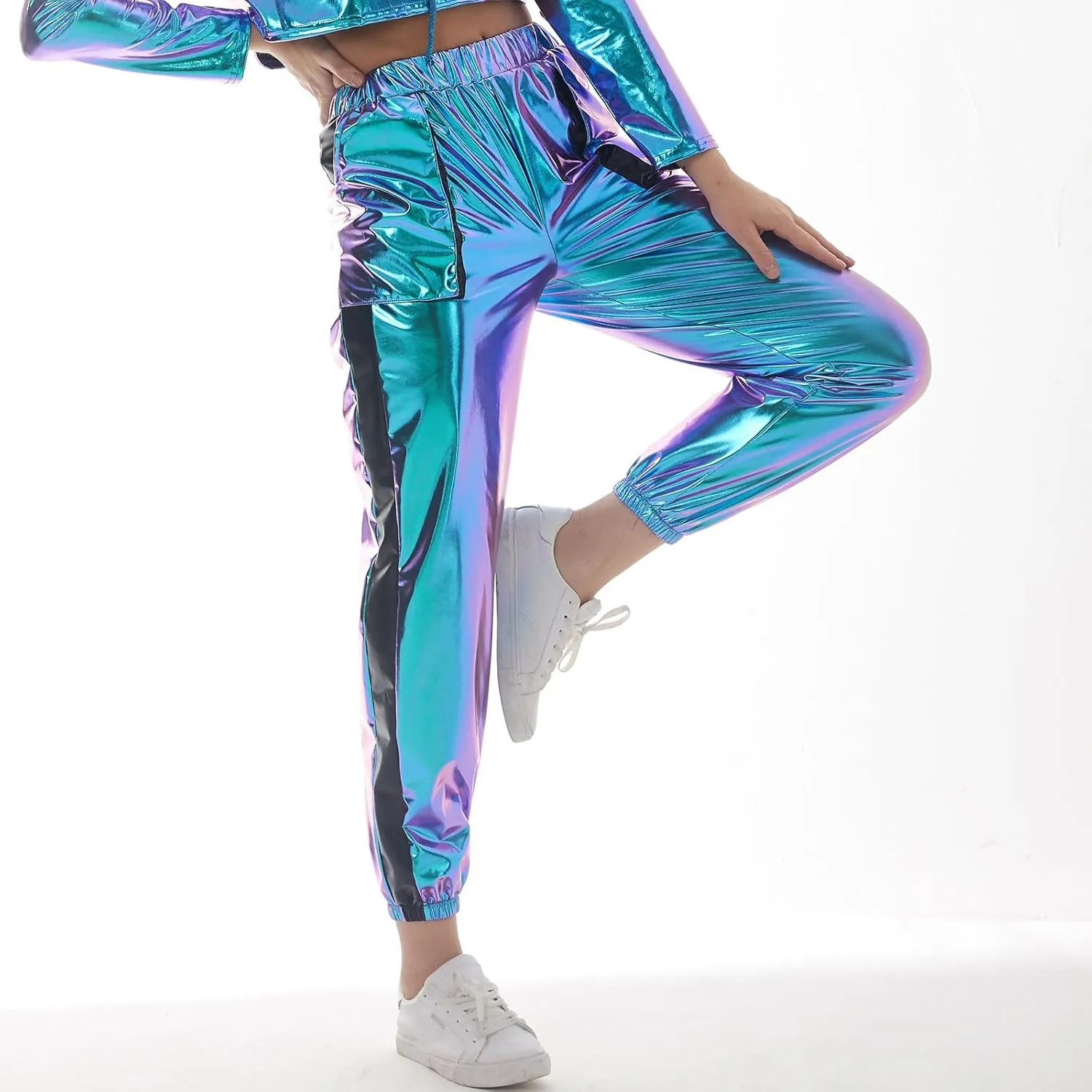 ODASDO Women Shiny Metallic Jogger Pants Wet Look Stretchy Holographic Trousers Casual High Waist Sweatpant Disco Rave Pants