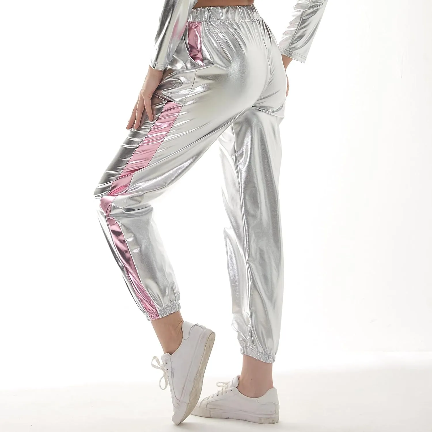 ODASDO Women Shiny Metallic Jogger Pants Wet Look Stretchy Holographic Trousers Casual High Waist Sweatpant Disco Rave Pants