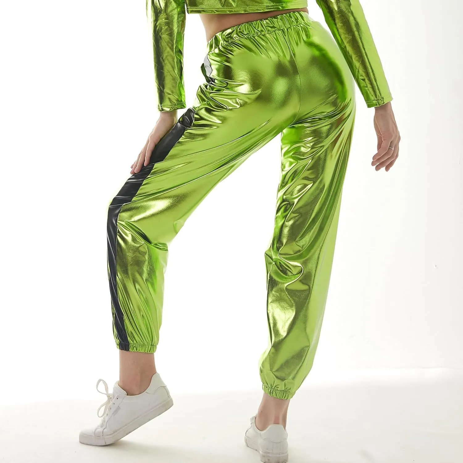 ODASDO Women Shiny Metallic Jogger Pants Wet Look Stretchy Holographic Trousers Casual High Waist Sweatpant Disco Rave Pants
