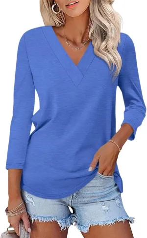 ORANDESIGNE Women's 3/4 Length Sleeves V Neck Tops Shirts Basic Summer Ladies Tees