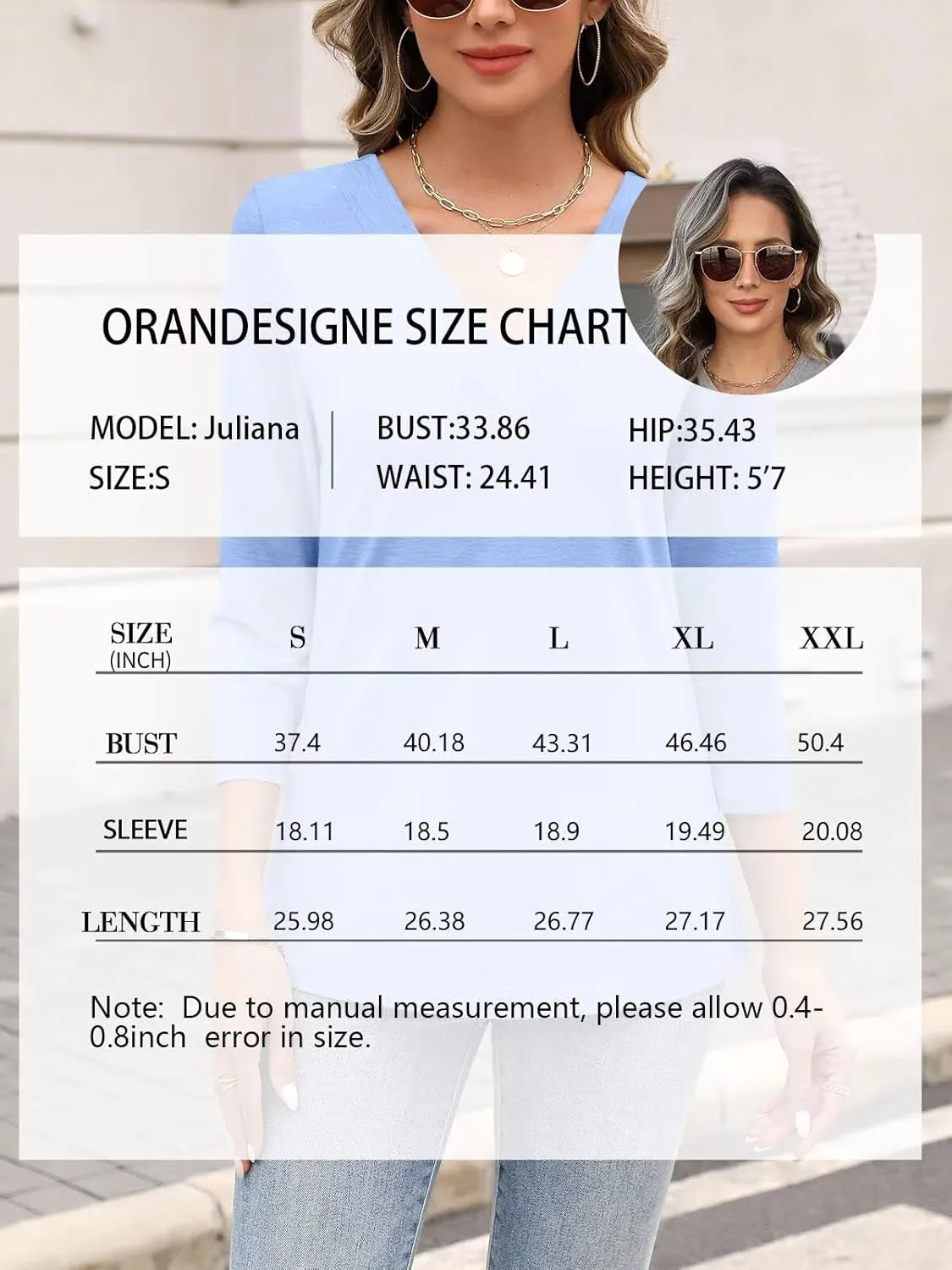 ORANDESIGNE Women's 3/4 Length Sleeves V Neck Tops Shirts Basic Summer Ladies Tees