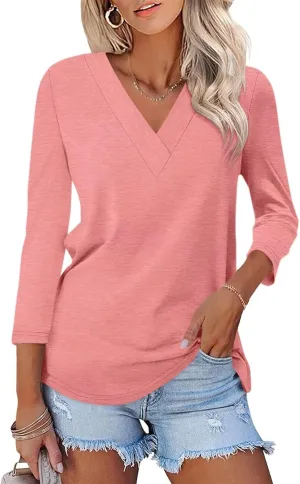 ORANDESIGNE Women's 3/4 Length Sleeves V Neck Tops Shirts Basic Summer Ladies Tees