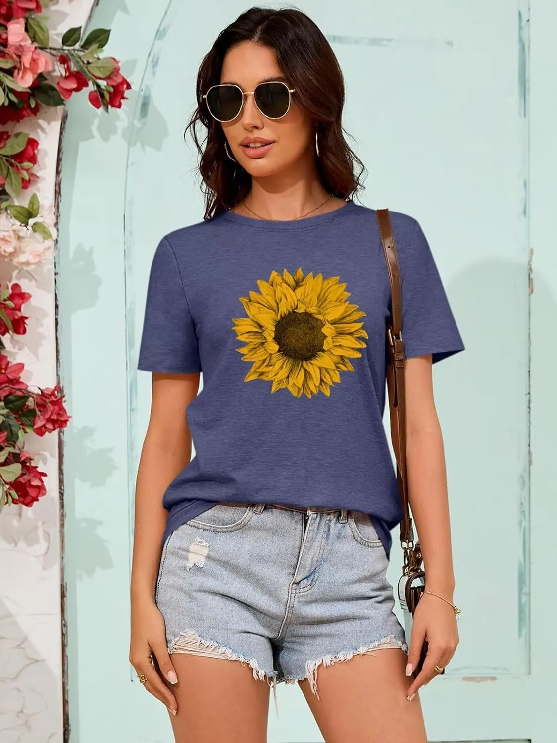 ORANDESIGNE Womens Flower Print T Shirt Graphic Short Sleeve Tees Crewneck Casual Shirts Summer Loose Fit Tops