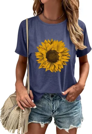 ORANDESIGNE Womens Flower Print T Shirt Graphic Short Sleeve Tees Crewneck Casual Shirts Summer Loose Fit Tops