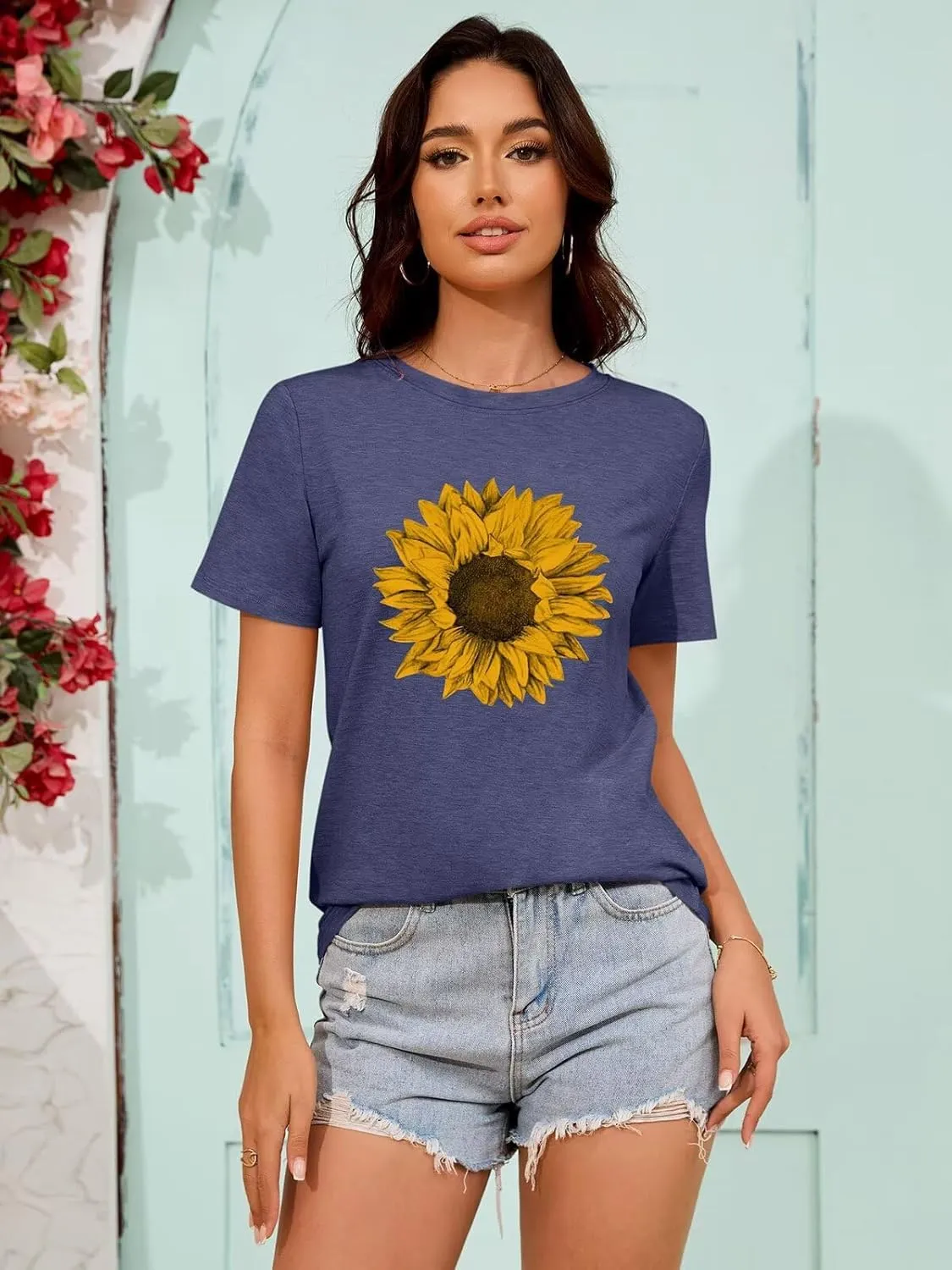 ORANDESIGNE Womens Flower Print T Shirt Graphic Short Sleeve Tees Crewneck Casual Shirts Summer Loose Fit Tops