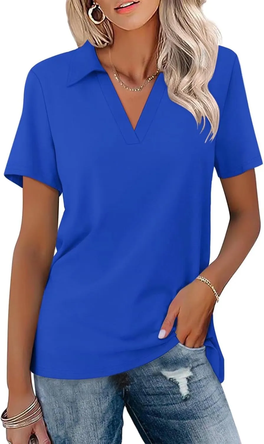 ORANDESIGNE Women's Short Sleeve V Neck Polo Shirts Summer Collared Tops Casual Loose Tees Tops