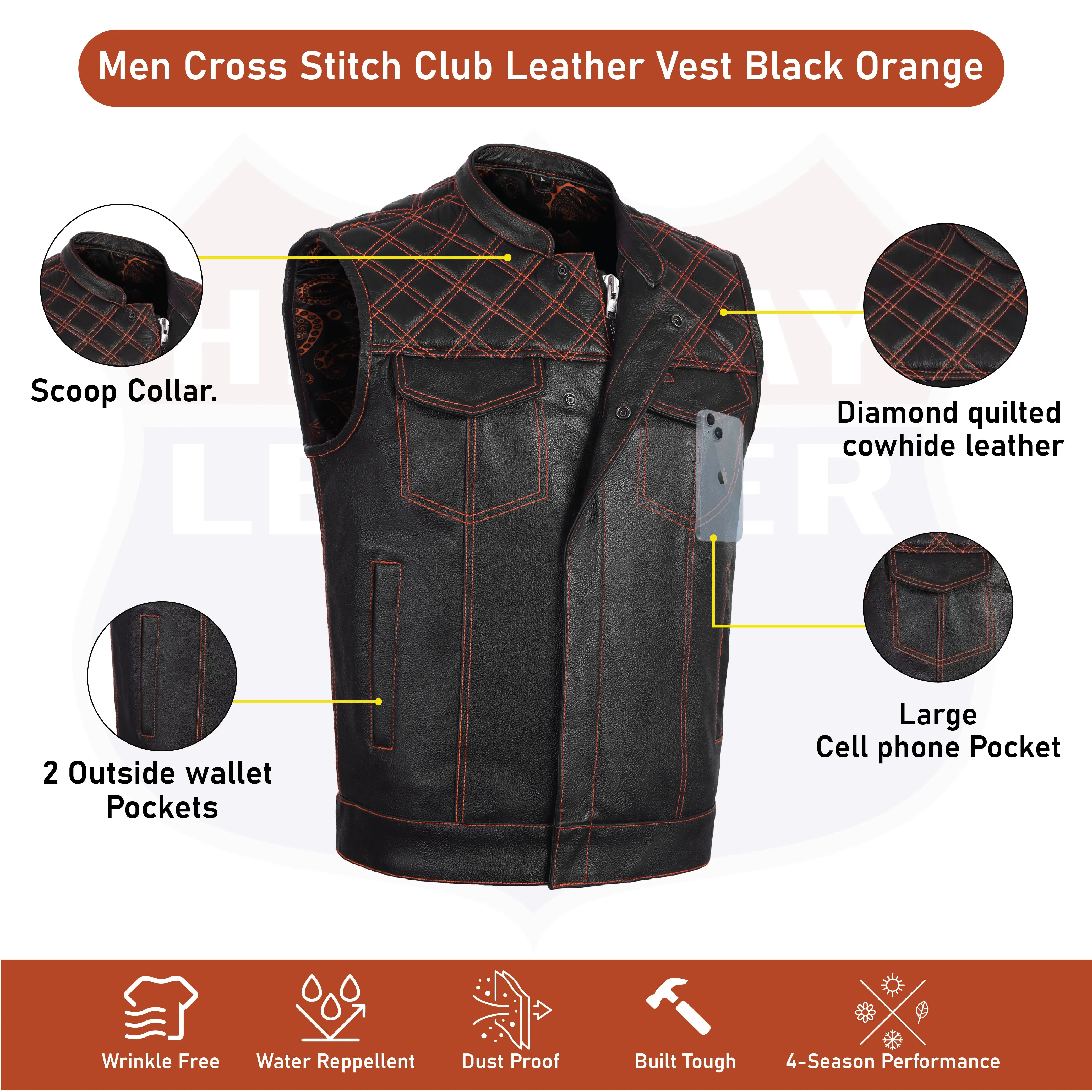 ORANGE HL11693 MEN CROSS STITCH CLUB LEATHER  VEST