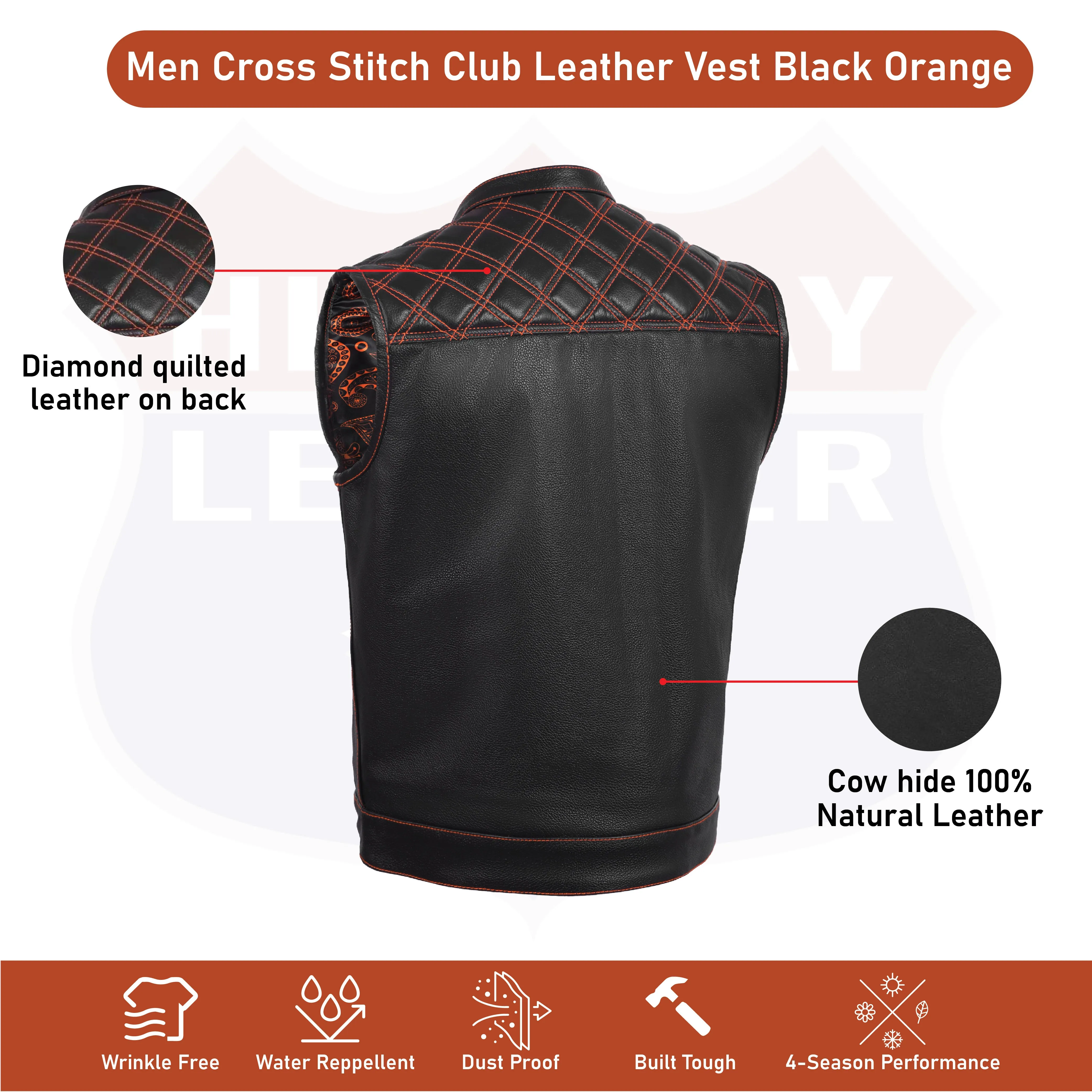ORANGE HL11693 MEN CROSS STITCH CLUB LEATHER  VEST