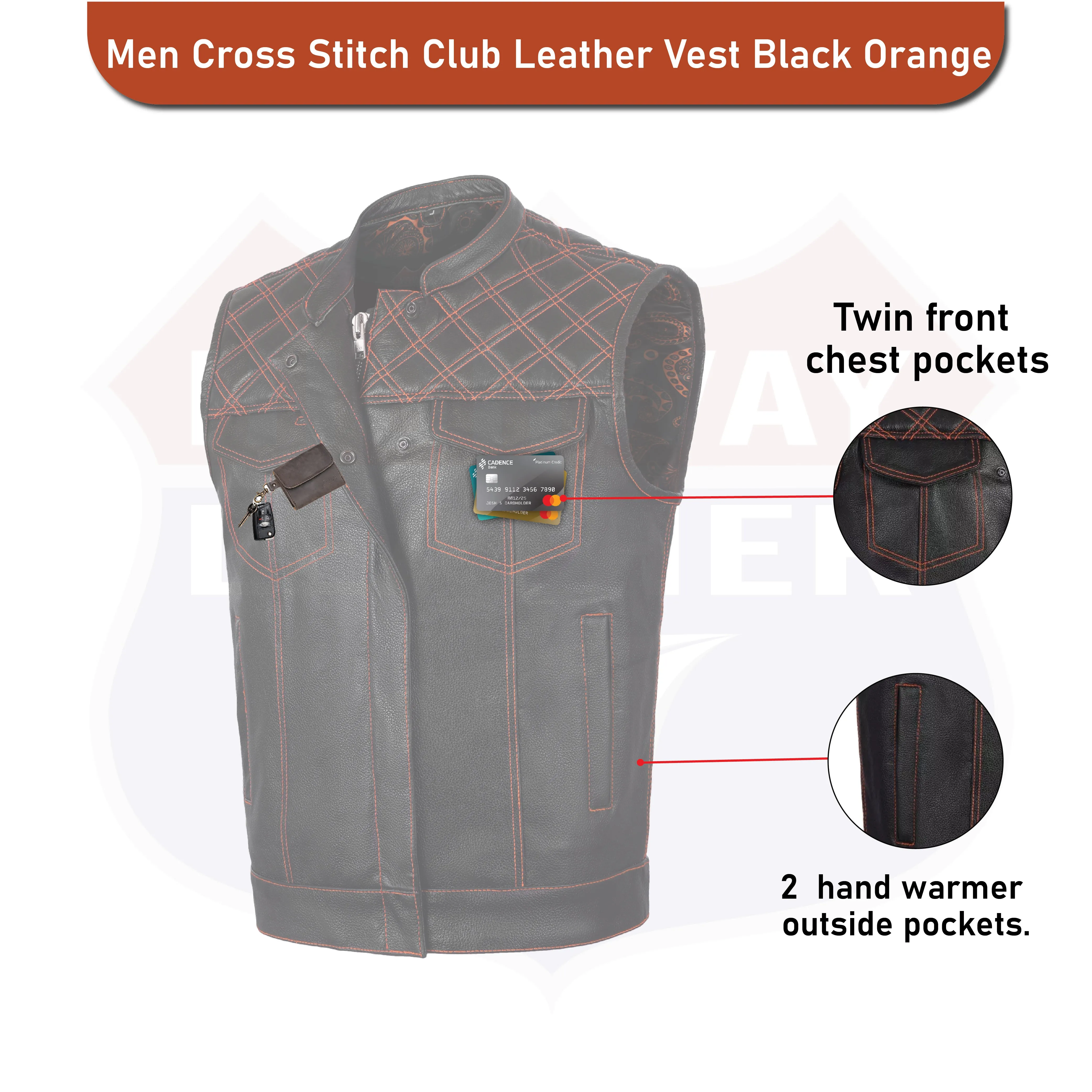 ORANGE HL11693 MEN CROSS STITCH CLUB LEATHER  VEST