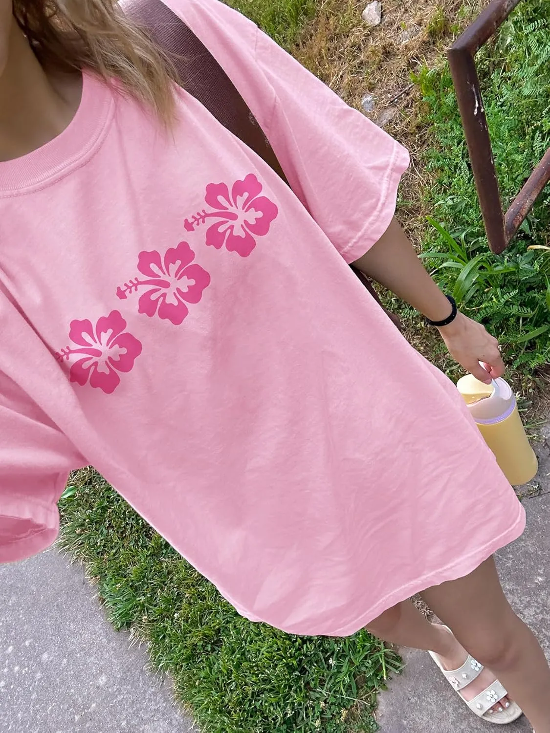 Oversized T Shirt Teen Girls Cute Preppy Clothes Y2k Baggy Floral Print Going Out Summer Streetwear Tees Tops