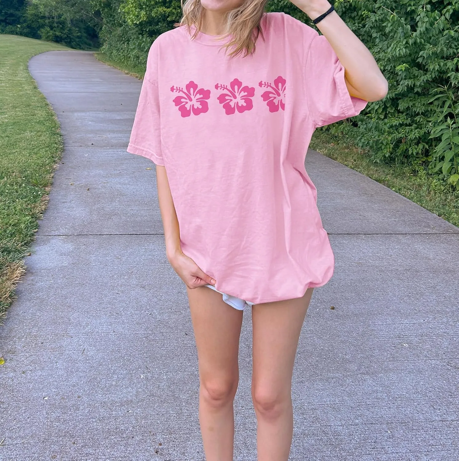 Oversized T Shirt Teen Girls Cute Preppy Clothes Y2k Baggy Floral Print Going Out Summer Streetwear Tees Tops