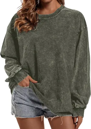 Oversized Vintage Long Sleeve Tees for Women Acid Wash T Shirts Casual Loose Fit Basic Crewneck Tops