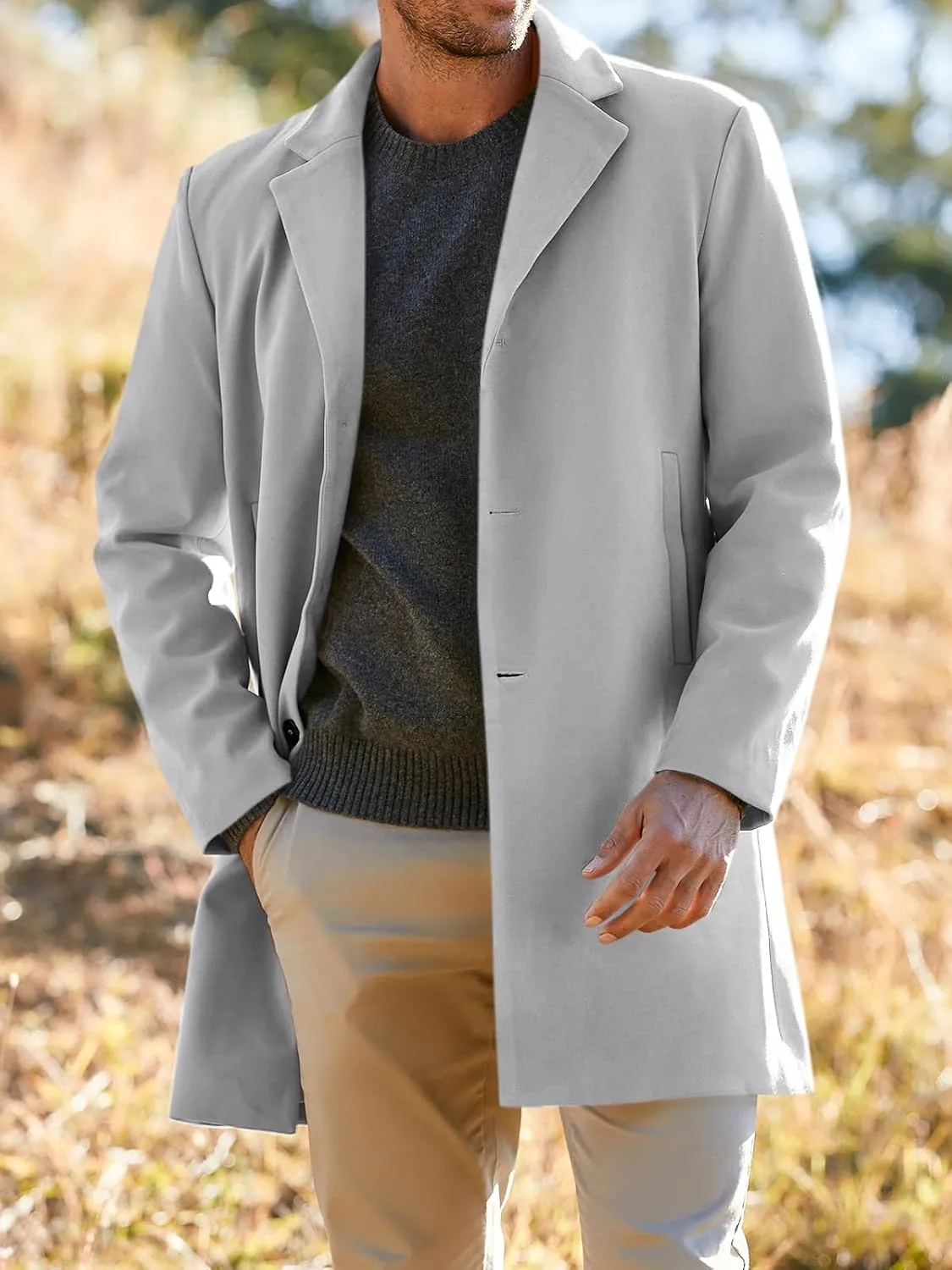 PASLTER Mens Trench Coat Slim Fit Notched Collar Fall Winter Single Breasted Pea Coat Warm Soft Overcoat