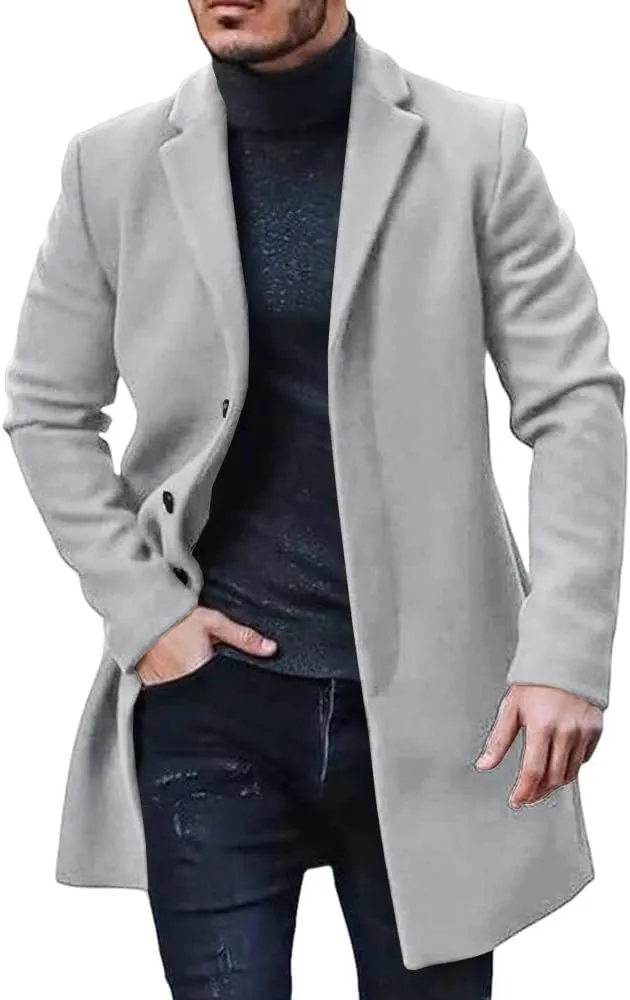 PASLTER Mens Trench Coat Slim Fit Notched Collar Fall Winter Single Breasted Pea Coat Warm Soft Overcoat